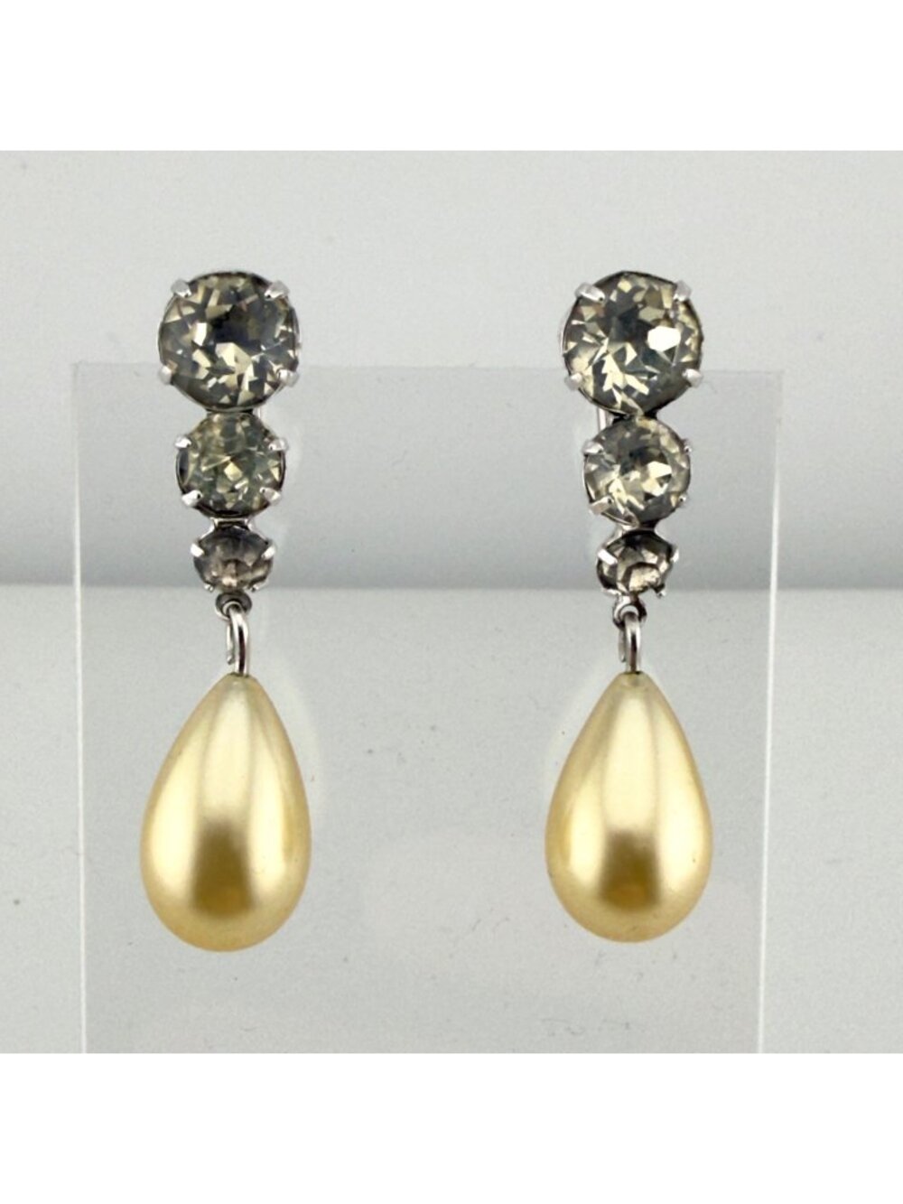 Vintage Rhinestone Teardrop Faux Pearl Screw Back Earrings Silver tone Dangle 1.